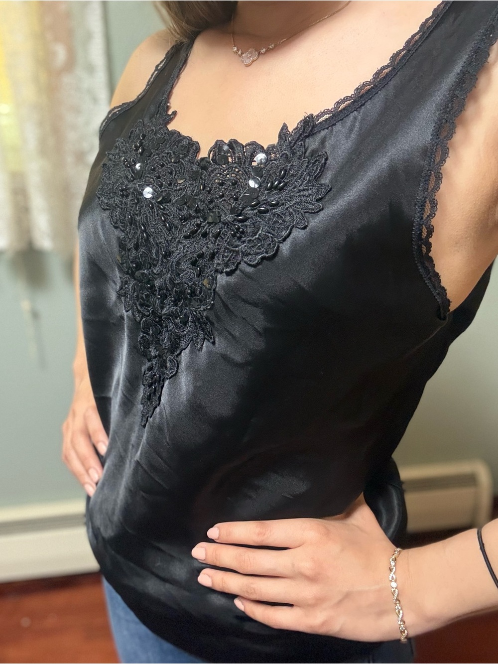 Black Lace-Trim beaded Tank Top